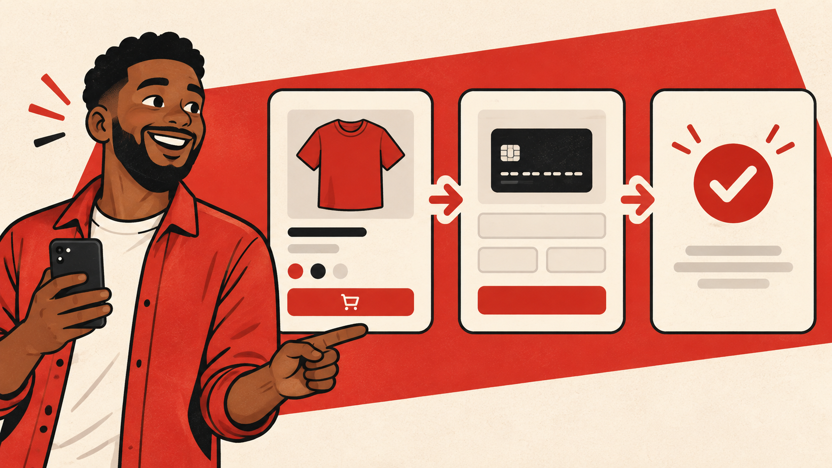 Illustration of a shopper moving from a product page to a completed payment